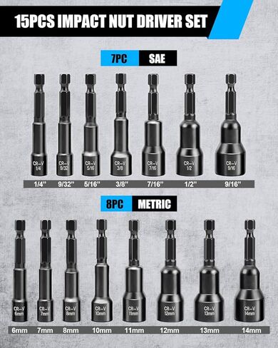 مجموعة مفك صامولة مغناطيسية مكونة من 15 قطعة، مجموعة مفك صامولة للصدمات، SAE (1/4 بوصة إلى 9/16 بوصة) ومتري (6-14 مم) | كروم فاناديوم ستيل | ساق سداسية مقاس 1/4 بوصة | أسود in Kuwait