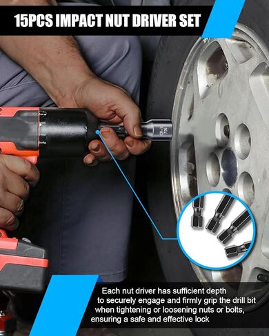 مجموعة مفك صامولة مغناطيسية مكونة من 15 قطعة، مجموعة مفك صامولة للصدمات، SAE (1/4 بوصة إلى 9/16 بوصة) ومتري (6-14 مم) | كروم فاناديوم ستيل | ساق سداسية مقاس 1/4 بوصة | أسود in Kuwait