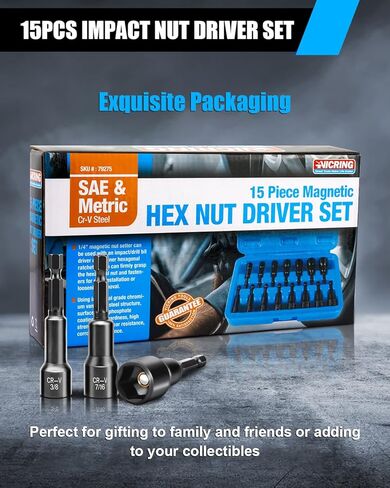 مجموعة مفك صامولة مغناطيسية مكونة من 15 قطعة، مجموعة مفك صامولة للصدمات، SAE (1/4 بوصة إلى 9/16 بوصة) ومتري (6-14 مم) | كروم فاناديوم ستيل | ساق سداسية مقاس 1/4 بوصة | أسود in Kuwait