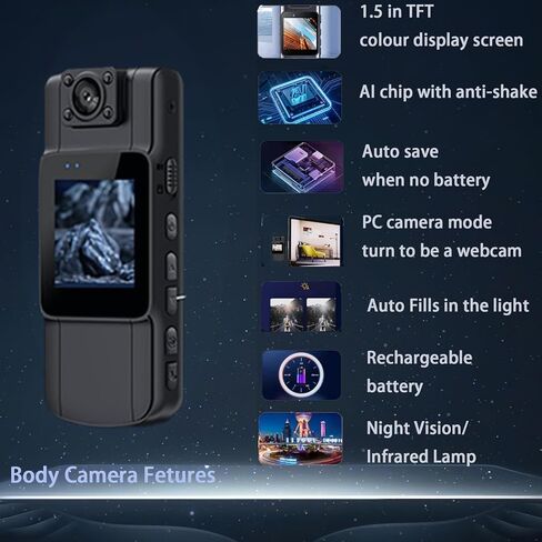 كاميرا الجسم واي فاي 2K(1440P)، مقاومة للماء ودعم إنفاذ القانون بحد أقصى 256 جيجابايت، كاميرا الجسم الشخصية القابلة للارتداء مع تسجيل الصوت والفيديو، التحكم في التطبيق عن بعد، رؤية ليلية، عدسة دوارة 180 درجة in Kuwait