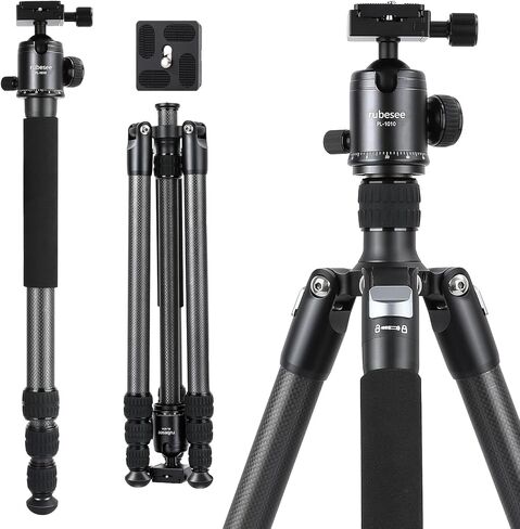 حامل ثلاثي من ألياف الكربون للكاميرا مونوبود مع رأس كرة بانوراما 360 درجة، حامل ثلاثي احترافي مدمج للسفر 66 بوصة/168 سم لوحة Arca QR 1/4 بوصة، حقيبة محمولة لكاميرا فيديو DSLR أقصى تحميل 88 رطل/40 كجم in Kuwait