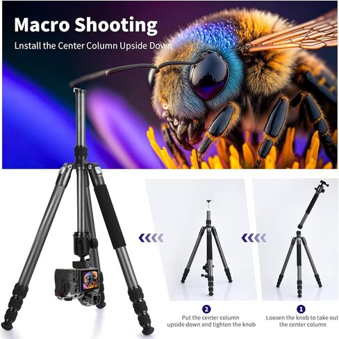 حامل ثلاثي من ألياف الكربون للكاميرا مونوبود مع رأس كرة بانوراما 360 درجة، حامل ثلاثي احترافي مدمج للسفر 66 بوصة/168 سم لوحة Arca QR 1/4 بوصة، حقيبة محمولة لكاميرا فيديو DSLR أقصى تحميل 88 رطل/40 كجم in Kuwait