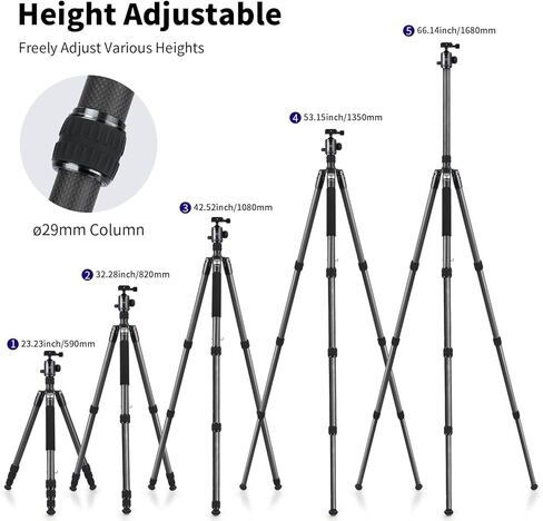 حامل ثلاثي من ألياف الكربون للكاميرا مونوبود مع رأس كرة بانوراما 360 درجة، حامل ثلاثي احترافي مدمج للسفر 66 بوصة/168 سم لوحة Arca QR 1/4 بوصة، حقيبة محمولة لكاميرا فيديو DSLR أقصى تحميل 88 رطل/40 كجم in Kuwait