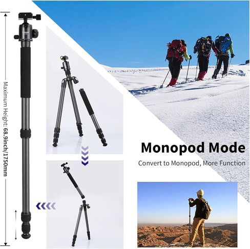 حامل ثلاثي من ألياف الكربون للكاميرا مونوبود مع رأس كرة بانوراما 360 درجة، حامل ثلاثي احترافي مدمج للسفر 66 بوصة/168 سم لوحة Arca QR 1/4 بوصة، حقيبة محمولة لكاميرا فيديو DSLR أقصى تحميل 88 رطل/40 كجم in Kuwait