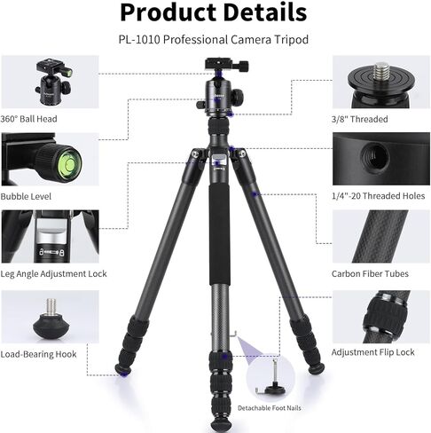 حامل ثلاثي من ألياف الكربون للكاميرا مونوبود مع رأس كرة بانوراما 360 درجة، حامل ثلاثي احترافي مدمج للسفر 66 بوصة/168 سم لوحة Arca QR 1/4 بوصة، حقيبة محمولة لكاميرا فيديو DSLR أقصى تحميل 88 رطل/40 كجم in Kuwait