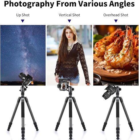 حامل ثلاثي من ألياف الكربون للكاميرا مونوبود مع رأس كرة بانوراما 360 درجة، حامل ثلاثي احترافي مدمج للسفر 66 بوصة/168 سم لوحة Arca QR 1/4 بوصة، حقيبة محمولة لكاميرا فيديو DSLR أقصى تحميل 88 رطل/40 كجم in Kuwait