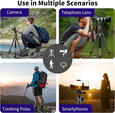 حامل ثلاثي من ألياف الكربون للكاميرا مونوبود مع رأس كرة بانوراما 360 درجة، حامل ثلاثي احترافي مدمج للسفر 66 بوصة/168 سم لوحة Arca QR 1/4 بوصة، حقيبة محمولة لكاميرا فيديو DSLR أقصى تحميل 88 رطل/40 كجم in Kuwait