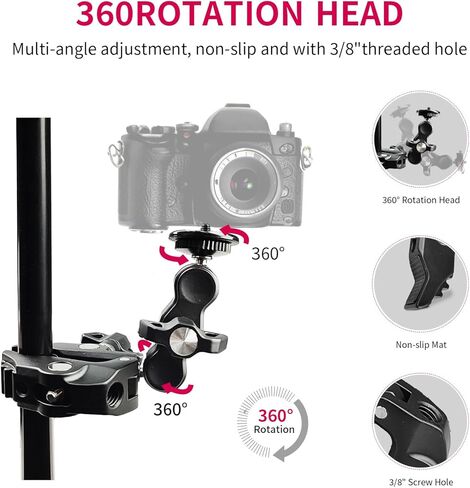 مشبك فائق - مشبك كاميرا مزدوج من روبيسي، محول رأس كروي مزدوج 360 درجة مع شريط على شكل حرف T قابل للتمدد 1/4"-20 و3/8"-16 خيط لـ Gopro، عاكس التصوير الفوتوغرافي، حامل بوم للصور، قضبان متقاطعة in Kuwait