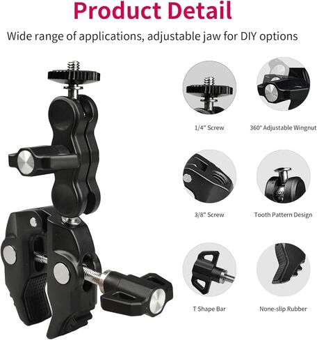 مشبك فائق - مشبك كاميرا مزدوج من روبيسي، محول رأس كروي مزدوج 360 درجة مع شريط على شكل حرف T قابل للتمدد 1/4"-20 و3/8"-16 خيط لـ Gopro، عاكس التصوير الفوتوغرافي، حامل بوم للصور، قضبان متقاطعة in Kuwait