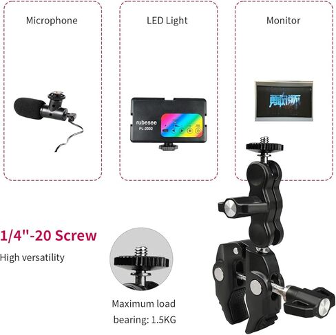 مشبك فائق - مشبك كاميرا مزدوج من روبيسي، محول رأس كروي مزدوج 360 درجة مع شريط على شكل حرف T قابل للتمدد 1/4"-20 و3/8"-16 خيط لـ Gopro، عاكس التصوير الفوتوغرافي، حامل بوم للصور، قضبان متقاطعة in Kuwait