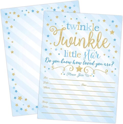 الحدث الرئيسي الخاص بك يطبع دعوات دش الطفل توينكل توينكل ليتل ستار، دعوات استحمام الطفل باللونين الأزرق والذهبي توينكل توينكل ليتل ستار بوي، 20 ملء بأناقة مع مغلفات in Kuwait