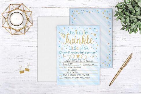الحدث الرئيسي الخاص بك يطبع دعوات دش الطفل توينكل توينكل ليتل ستار، دعوات استحمام الطفل باللونين الأزرق والذهبي توينكل توينكل ليتل ستار بوي، 20 ملء بأناقة مع مغلفات in Kuwait