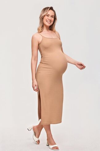 MOMANDA Women' s Maternity Dress Ribbed Spaghetti Strap Bodycon Dresses Square Neck Maternity Clothes for Baby Shower in Kuwait
