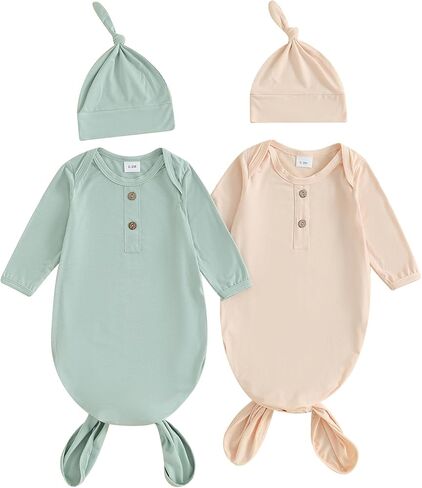 Merqwadd Newborn Knotted Gown 2 Pack Plain Sleeper for Baby Boy Girl Coming Home Outfit in Kuwait