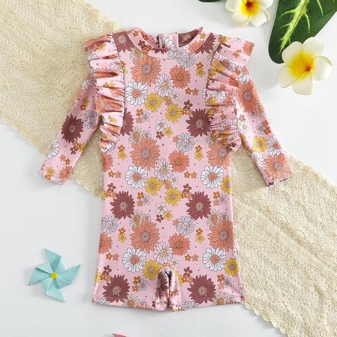 بدلة سباحة Yccutest للفتيات الصغيرات بأكمام طويلة من قطعة واحدة للحماية من الشمس، ملابس سباحة للرضع للوقاية من الطفح الجلدي مع سحاب in Kuwait