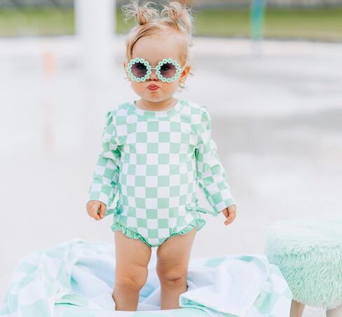 Yccutest طفل طفح الحرس قطعة واحدة ملابس السباحة طفلة طويلة الأكمام الكشكشة ملابس السباحة سستة ثوب السباحة الشطرنج الزي in Kuwait
