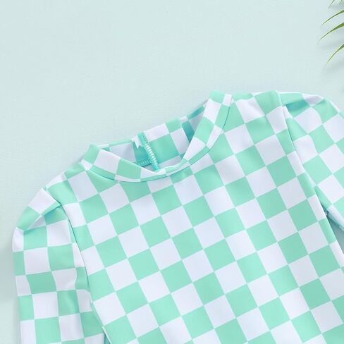 Yccutest طفل طفح الحرس قطعة واحدة ملابس السباحة طفلة طويلة الأكمام الكشكشة ملابس السباحة سستة ثوب السباحة الشطرنج الزي in Kuwait