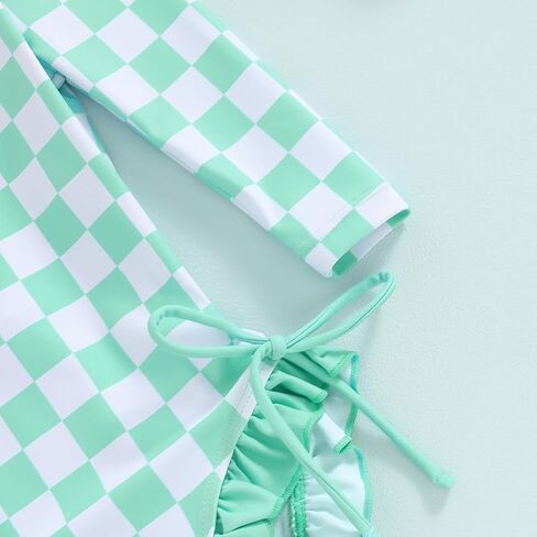 Yccutest طفل طفح الحرس قطعة واحدة ملابس السباحة طفلة طويلة الأكمام الكشكشة ملابس السباحة سستة ثوب السباحة الشطرنج الزي in Kuwait