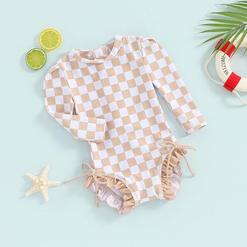 Yccutest طفل طفح الحرس قطعة واحدة ملابس السباحة طفلة طويلة الأكمام الكشكشة ملابس السباحة سستة ثوب السباحة الشطرنج الزي in Kuwait