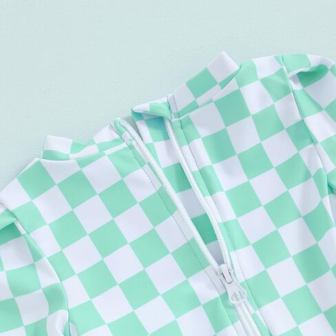 Yccutest Toddler Rash Guard One Piece Swimsuit Baby Girl Long Sleeve Ruffles Swimwear Zipper Bathing Suit Checkerboard Outfit in Saudi Arabia