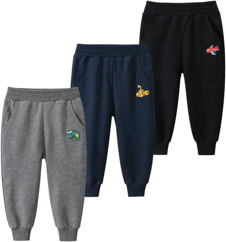 GFQLONG Toddler Boys Cotton Pants Kids Embroidery Joggers Sweatpants 2T-10Y | 3 Pack, Dinosaur, Car & Truck Designs, Elastic Waistband, Ribbed Cuffs, Side Pockets, Black, Grey, Navy Blue, School & Play in Saudi Arabia