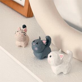 Cute Mini Carved Wooden Cat Figurines, 3PCS Handmade White Gray Brown Kitten Sculpture Craft Set, 1.8"*1.5" Cute Cat Statues Home Decor Art Carving Work