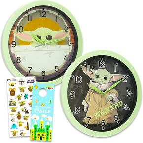 Baby Yoda Wall Clock 2 Pack - Star Wars Room Decor Bundle with 10" Mandalorian Wall Clock with Baby Yoda, Plus Stickers and More for Kids, Adults | Baby Yoda Gifts Set