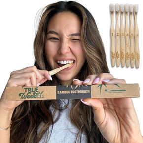 Bamboo Toothbrushes, BPA-Free Bristles, Eco-Friendly, Compostable Wooden Toothbrush, Natural Wood, Pack of 6