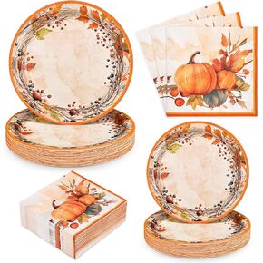 Homlouue 200 Pcs Fall Plates and Napkins Wreath Paper Plates, Thanksgiving Paper Plates for Kitchen Bathroom Decoration, Autumn Plates Disposable for Thanksgiving Fall Harvest Party, Serve 50 Guest