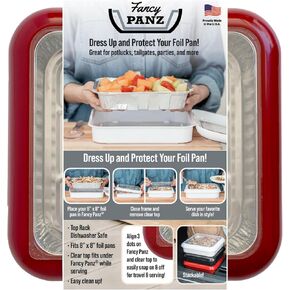 Fancy Panz 8 x 8-Inch Dress Up and Protect Your Foil Pan®, 100% Made in USA, 8 x 8 Foil Pan Included. Hot or Cold Food. Stackable for easy travel. Great for potlucks, tailgating & home (Red)