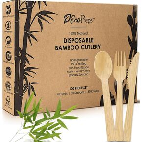 100% Compostable Bamboo Cutlery Set (100 PCS - 40 Forks, 30 Spoons, 30 Knives) Eco-Friendly, Natural, Biodegradable Disposable Utensils Set | Bamboo Disposable Forks, Knives, and Spoons Set