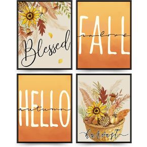 PLKMN Fall Wall Decor Set of 4, Fall Wall Art Prints 8x10, Thanksgiving Buffalo Check Pumpkin Truck Orange Decor, Fall Pictures Wall Decor for Home Gallery Bedroom (Unframed)