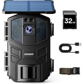 iZEEKER Trail Camera Solar, 4K 48MP Game Cameras with Night Vision Motion Activated IP66 Waterproof, 0.1s Trigger Time, High Capacity Built-in Lithium Battery for Wildlife Watching with 32GB SD Card