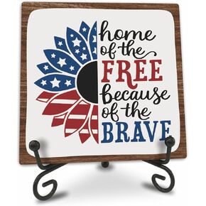 July 4th Petals Wood Plaque With Iron Stand - Home Of The Free Because Of The Brave - 4"x4" Wooden Block Sign, Patriotic Desk Signs, Shelf & Tabletop Decorations, America Memorial Day Supplies - E06