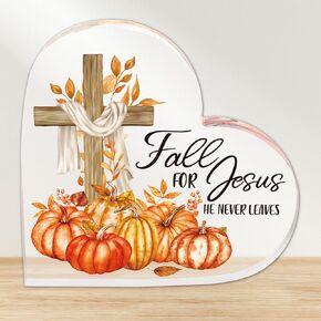 Fall Acrylic Heart Gifts Bible Verse Heart Shape Table Signs He Never Leaves Autumn Inspirational Table Centerpieces for Home Office Table Decor