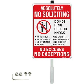 T&R Large Absolutely No Soliciting - Do Not Ring Bell, No Excuses, No Exceptions Sign with 36" Stake for Yard - 14"x10" .040 Rust Free Heavy Aluminum, Reflective, 6 pre-drilled holes,Includes Matching Screws & Wrench, Easy to Mount