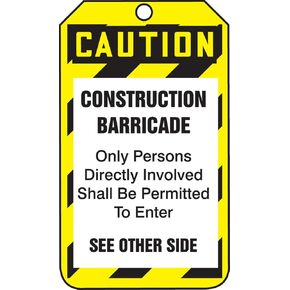 Accuform TAB103PTM RP-Plastic Barricade Status Tag, Legend "Caution Construction Barricade ONLY", 5.75" x 3.25", Black/Yellow on White (Pack of 5)