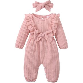 Happy Town Baby Girl Romper Infant Fall Winter Clothes Ruffle Sweater Long Sleeve Bodysuit Jumpsuit and Headband (Purple, 3-6 Months)