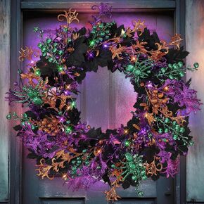 Enhon 40 LED Light Up Halloween Wreath, Timing Orange Purple Green Halloween Front Door Wreath with Lights 16'' Halloween Porch Glitter Wreath Decorations for Window Decor(Bright Style)