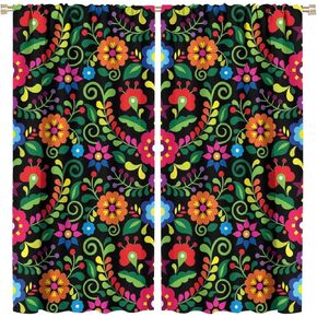 Abstract Flower Window Curtains,Bohemian Retro Mexican Folk Art Floral Print Pattern Curtains for Bedroom Living Room Kitchen Polyester Fabric Window Drapes 2 Panel Set 52" x 84"