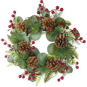 Artificial Christmas Wreath for Front Door Xmas Red Berry Wreath Pine Needles Pine Cones Eucalyptus Leaves Christmas Hanging Decoration Wreath Winter Garland for Wall Outdoor Home Window Decor