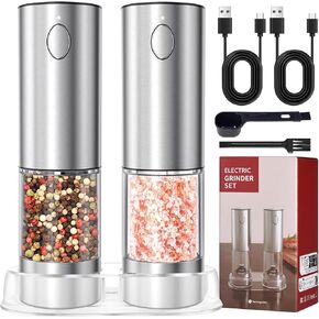 Electric Salt and Pepper Grinder Set, Automatic Salt and Pepper Grinder Set, Stainless Steel Electric Salt Pepper Mill Set with 5 Adjustable Coarseness, One Hand Operation with LED light(2 Pack)