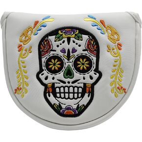 Golf Club Colorful Skull Skeleton Mallet Putter Head Cover Magnetic Closure Heel Shafted Satin Pattern PU Leather Headcover, White, Purple and Black Available