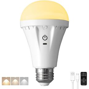 BLUEYE A21 Rechargeable Emergency Light Bulbs,E26 7W 120V,Remote Control&Wall Switch,5V/1A Charging,2700K-6000K,Flicker-Free,Battery Operated Flashlight for Power Outage No Outlet,1Pack
