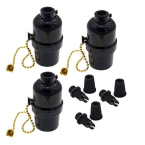 Phenolic Medium Base Light Socket with Pull Chain Switch,3 Pack TWDRTDD Black Period Style E26 E27 Edison Retro Pendant Lamp Holder (1/8 IP Thread Cap)