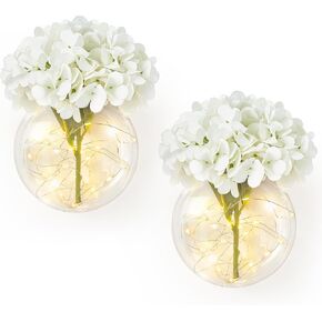 Mkono Wall Decor with White Artificial Hydrangea Flowers and Fairy Light 2 Packs Glass Wall Planter Vase Modern Wall Sconces for Living Room Bedroom Kitchen Home Office Farmhouse Decoration