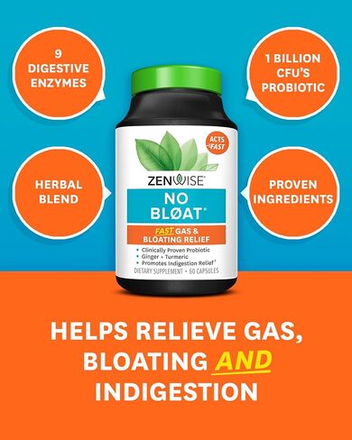 Zenwise Health No Bloat - البروبيوتيك، والإنزيمات الهاضمة للانتفاخ وتخفيف الغازات - الزنجبيل والهندباء واللاكتاز لتحسين الهضم - حبوب نباتية للاحتفاظ بالمياه (48 قطعة) in Kuwait