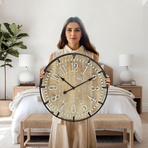 ساعة حائط كبيرة للمزرعة مقاس 24 بوصة - خشب ريفي عتيق، ساعة تعمل بالبطارية الصامتة للمكتب وغرفة النوم وغرفة المعيشة in Saudi Arabia