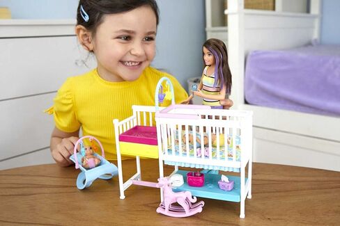 Barbie Skipper Babysitters Inc. Bedtime Playset with Babysitting Skipper Doll, Toddler Doll with Glow-in-the-Dark Pajamas, Bed, Sleeping Kitty, Teddy Bear, Blanket and Storybook for Kids 3-7 Years Old in Saudi Arabia