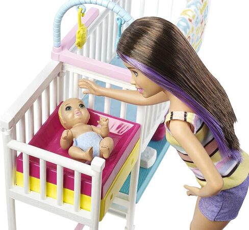 Barbie Skipper Babysitters Inc. Bedtime Playset with Babysitting Skipper Doll, Toddler Doll with Glow-in-the-Dark Pajamas, Bed, Sleeping Kitty, Teddy Bear, Blanket and Storybook for Kids 3-7 Years Old in Saudi Arabia